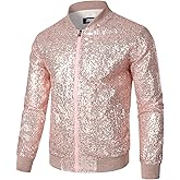 JOGAL Mens Sequins Nightclub Styles Zip up Varsity Baseball Bomber Jacket