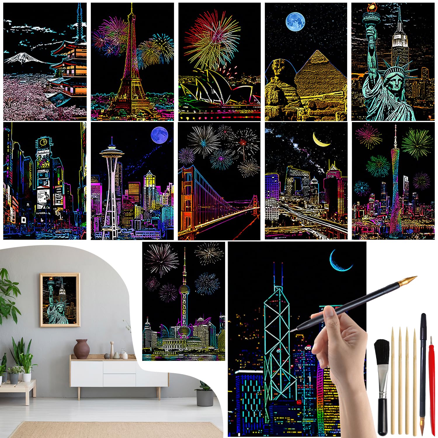 VLYX Scratch Art for Adults and Kids - 12 PCS Rainbow Scratch Notes Kit with Scratching Tools, Creative Art Supplies Children & Adults（City Series） — image 1