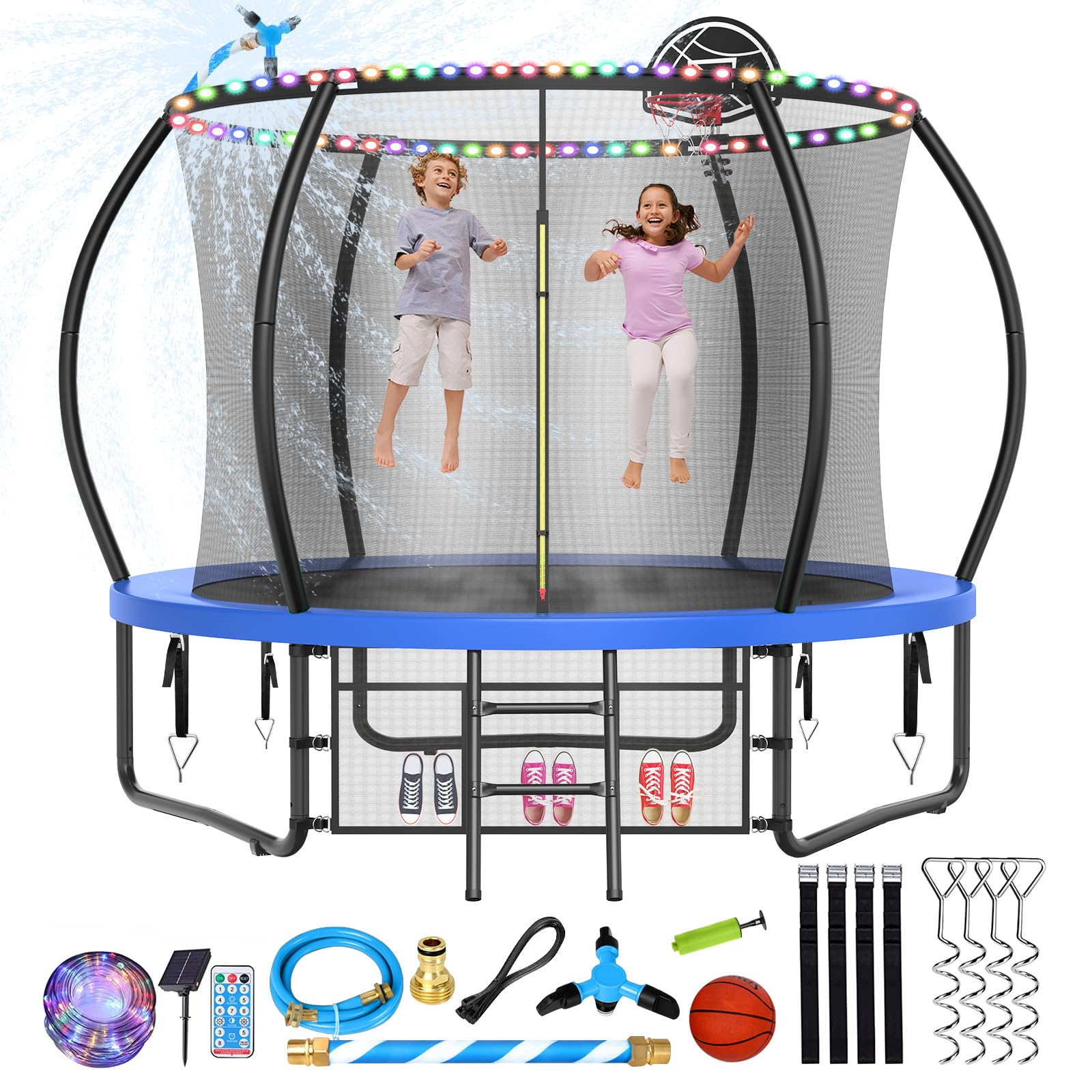 Photo 1 of Lyromix 10FT Upgrade Outdoor Trampoline for Kids and Adults, Heavy Duty Trampolines with Lights, Recreational Trampolin with Net and Basketball Hoop, Sprinkler & Stakes