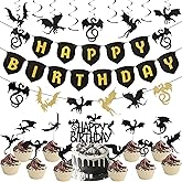 Zonon 44 Pieces Dragon Party Supplies Dragon Theme Cake Decoration Happy Birthday Hanging Banner Swirls Cupcake Toppers Set for Birthday Party Supplies(Black)