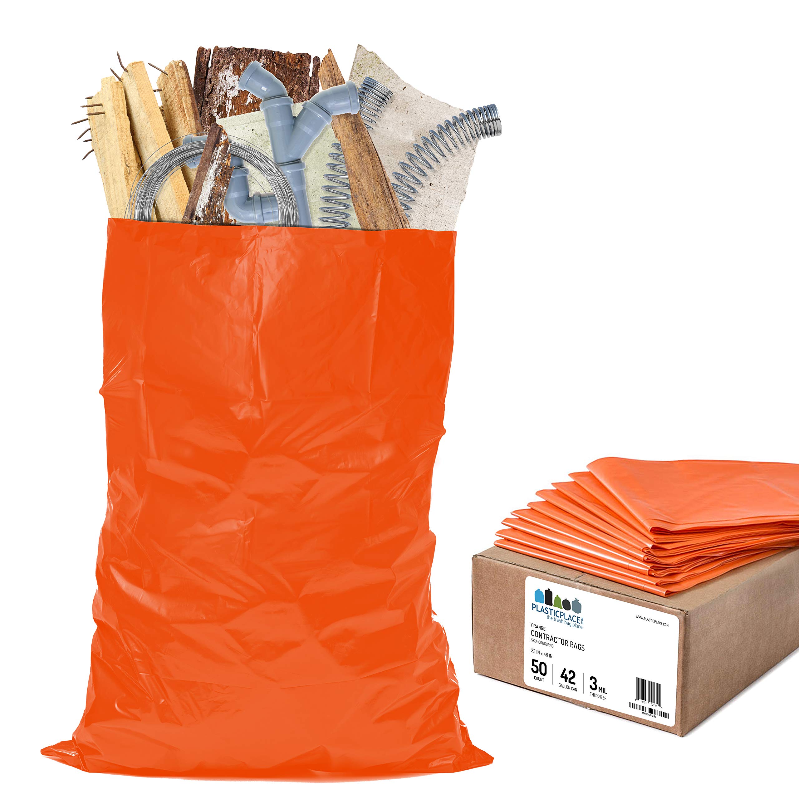 Photo 1 of Plasticplace 42 Gallon Trash Bags |3.0 Mil | Orange Heavy Duty Contractor Trash Bags | 33" x 48", 50 Count (Pack of 1)