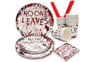 UVTQSSP Halloween Paper Plates, Halloween Party Plates and Cups With Straws, Disposable Tableware Party Supplies, Serve for 25 Guests, Spooky Skull Bloody, 125 PCS
