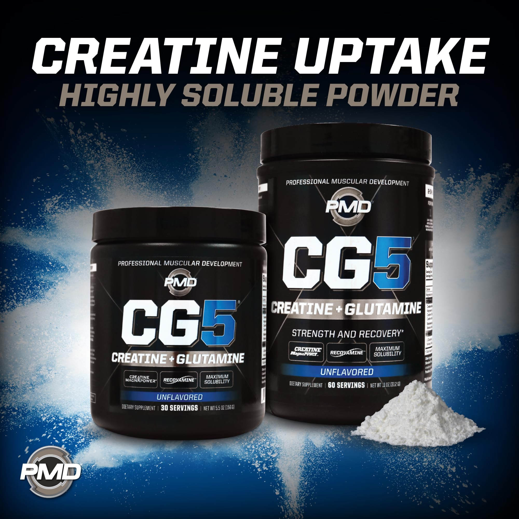 PMD Sports CG5 Premium Creatine & L Glutamine Powder, Power Recovery, Build Lean Muscle, Increase Workout Performance, Maximum Strength Pre Workout & Post Workout, Unflavored, 30 Servings