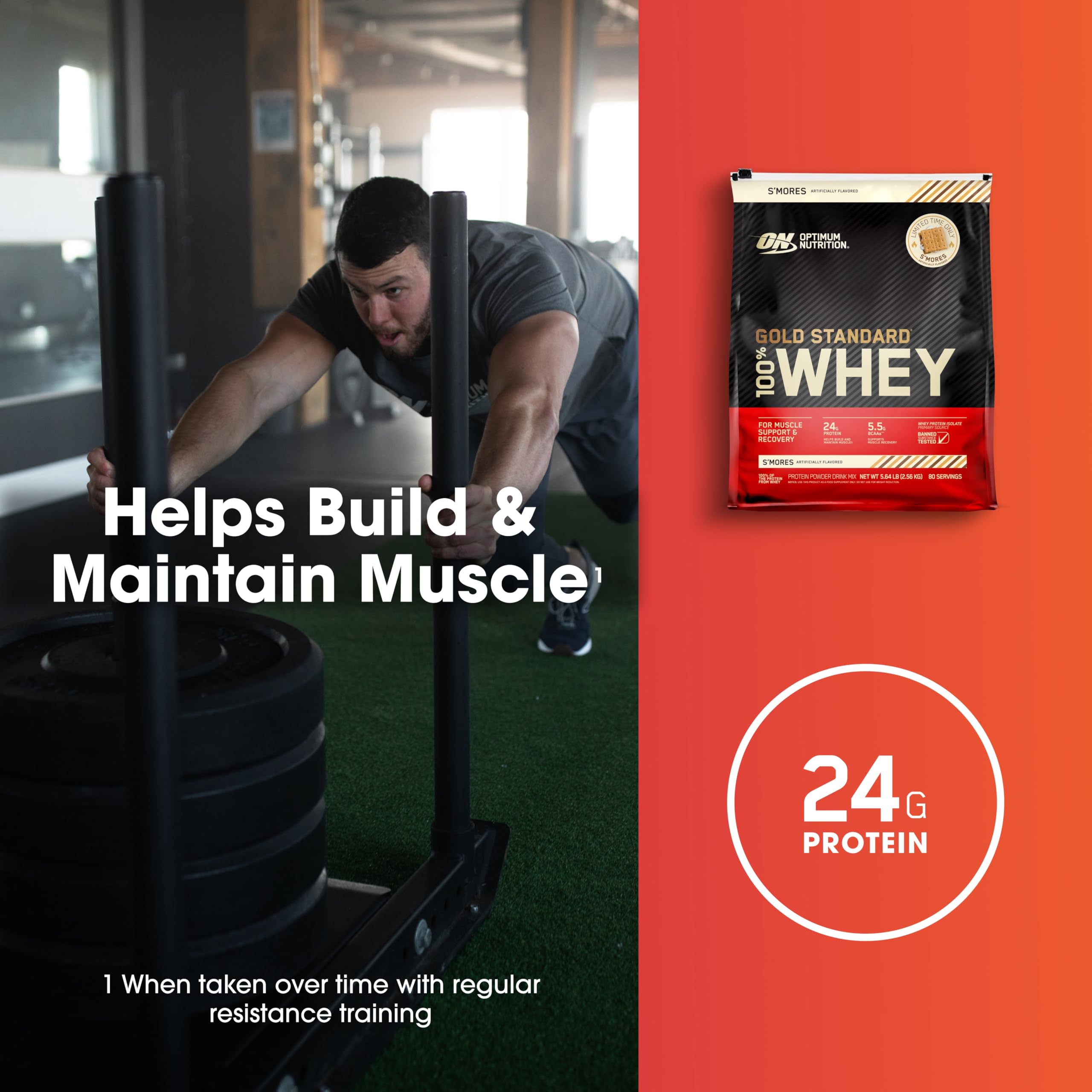 Optimum Nutrition 100% Gold Standard Whey Protein Powder - Protein Powder with a Blend of Hydrolyzed, Isolate & Whey - for Muscle Recovery - S'Mores, 5.64 lb (80 Servings)