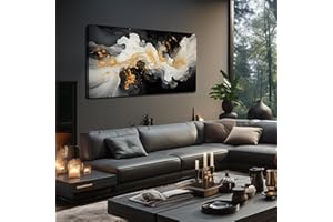 JuhaiArt Abstract Wall Decor Black and White Wall Art Bathroom Gold Canvas Picture for Living Room Bedroom Prints Fluid Artwork Office 24" x 48"