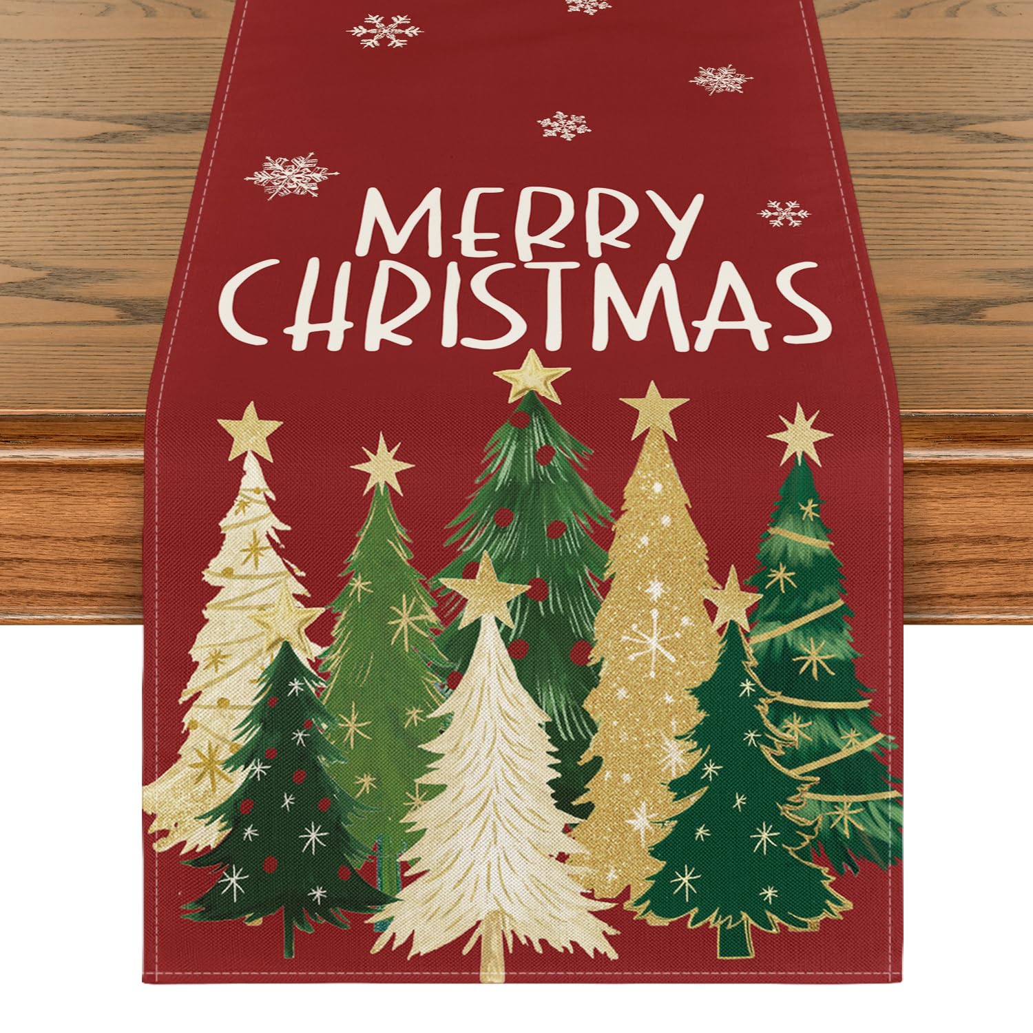 Photo 1 of Artoid Mode Xmas Trees Snowflakes Red 210 GSM Merry Christmas Table Runner, Winter Kitchen Dining Table Decoration for Home Party Decor 13x72 Inch