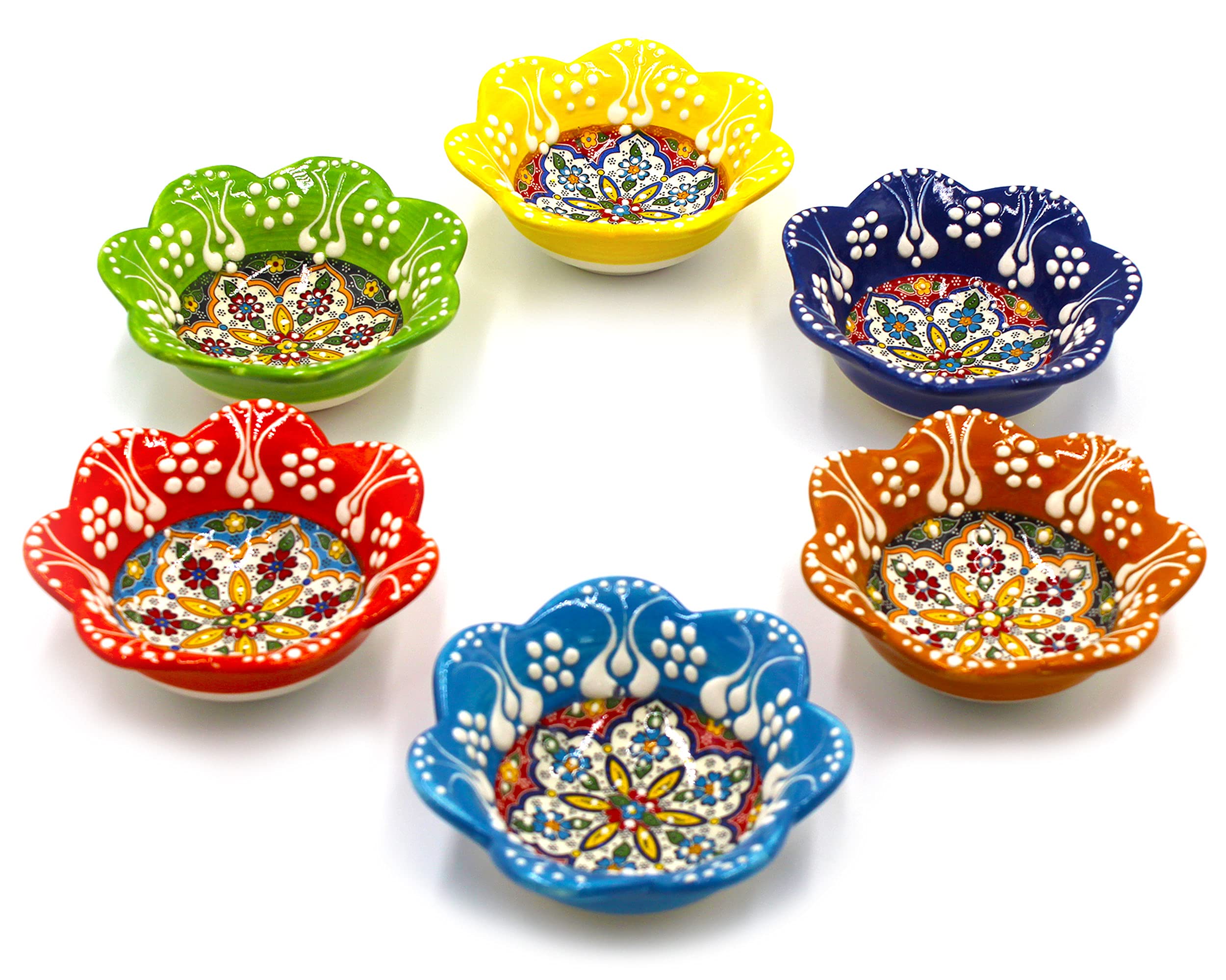 Silver Craft 6pcs Hand Painted Decorative Turkish Ceramic Snack Bowls - Handmade Tiny Ceramic Bowl Pinch Multicolor Small Serving Bowls - Best Gift Set