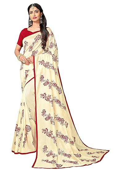 Womens Vichitra Silk Plain Weave Saree with Blouse Piece (luxury117, White)