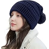 Feixophs Womens Pompom Beanie Hat Knit Winter Hat with Warm Fleece Lined