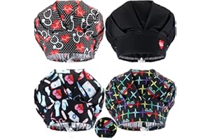 Bunnycool 4 Pieces Bouffant Caps with Button and Sweatband Adjustable Nurse Working Hat Elastic Band Scrub Cap for Women Men