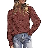 MASCOMODA Womens Tops Dressy Casual Fall Puff Long Sleeve Eyelet Button Shirts V Neck Lace Embroidered Hollow Out Work Blouse