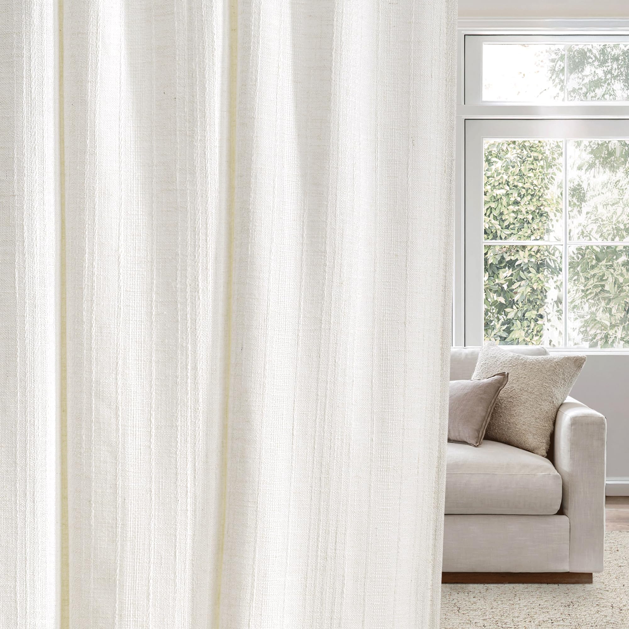 NICETOWN Natural Boho Linen Curtains 96 inches Long, Jacquard Weave Privacy Light Filtering Drapes for Bedroom/Living Room, W52 x L96, 2 Panels Image