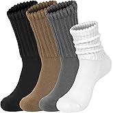 Yshvigo 4 Pairs Slouchy Socks for Women Retro Solid Cotton Crew Ribbed Scrunch Stacked Tube Socks for Daily Casual Wear