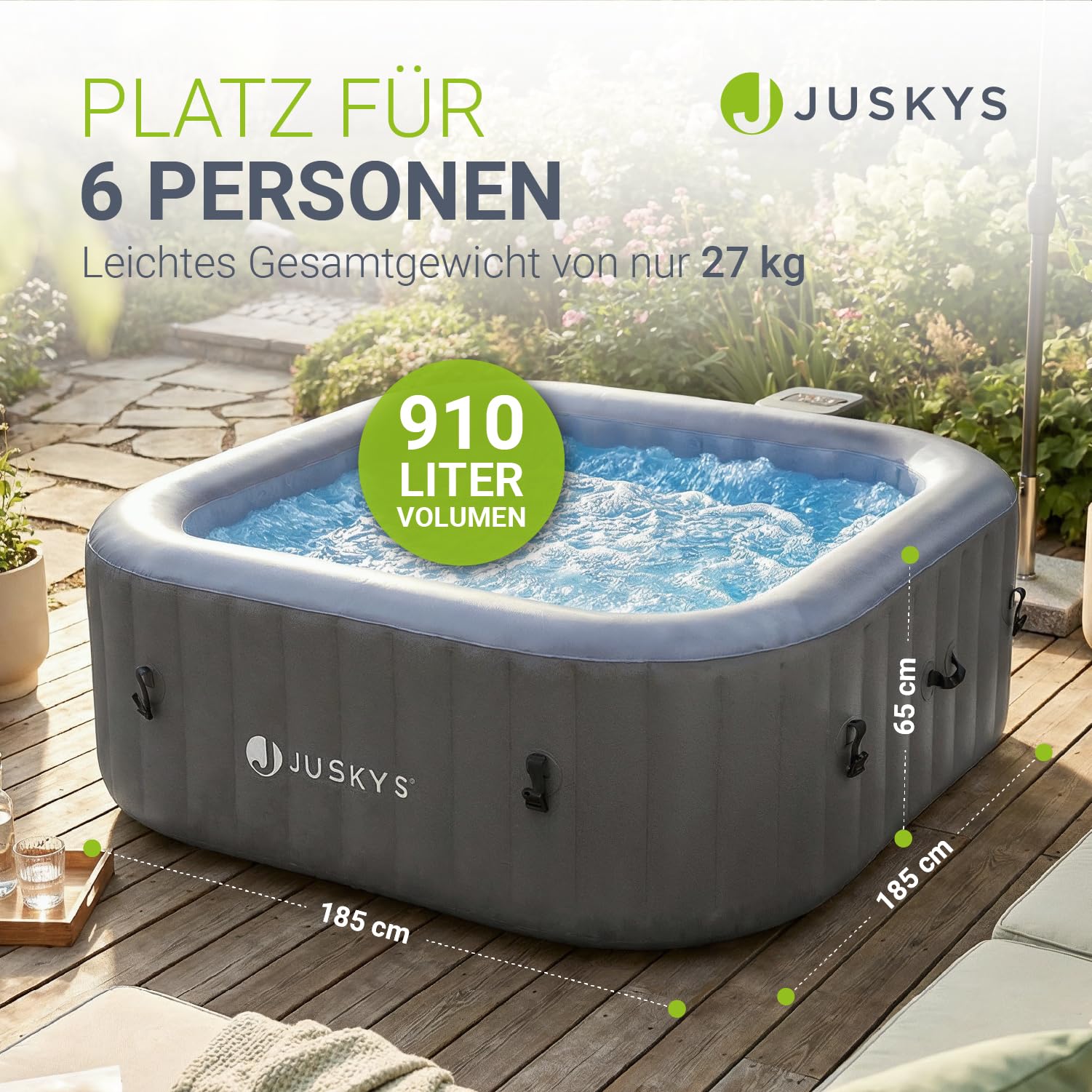 JUSKYS® Whirlpool SpaLuxe – Aufblasbar, Outdoor & Winterfest, 130 Sprudeldüsen, 3000W, PVC laminiert, Grau/Blau 7