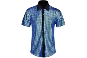 CARUHIF Men's 70s Disco Shirt Sequin Short Sleeve Button Shirt Shiny Party Prom Costume