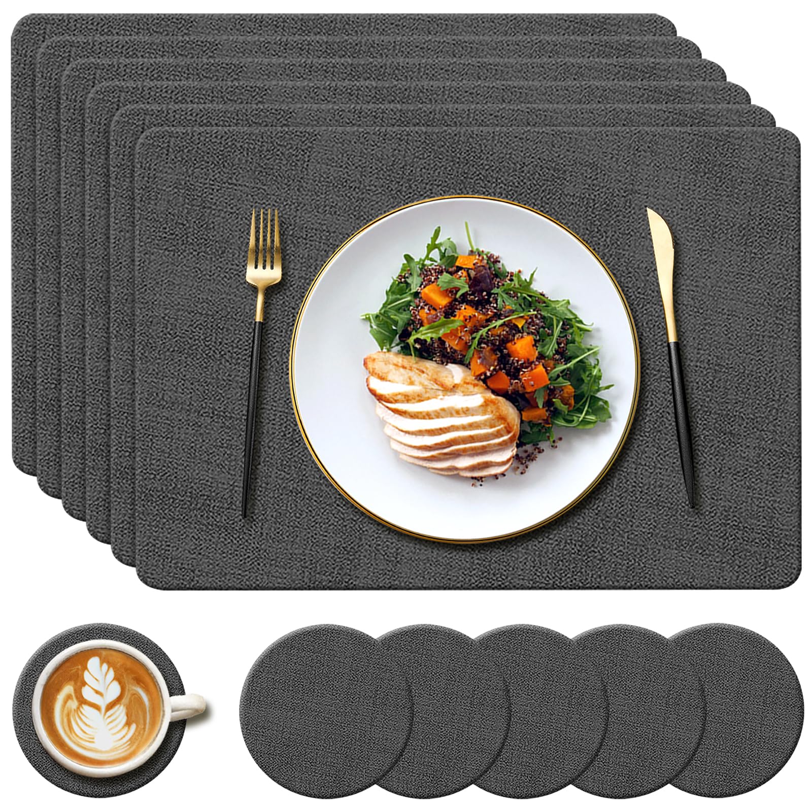 YUNJUER 6 Leather Placemats and 6 Round Coasters(10cm) Set, Heat-Resistant 212 °F Place mats, Non-Slip and Washable, Table mats for Kitchen, Hotel, Restaurant, Glass Dining Table, 40x30cm, (Black)
