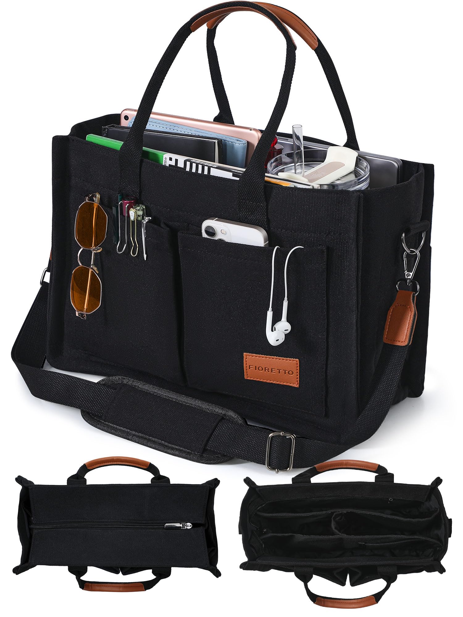FIORETTO Canvas Tote Bag for Women with Zipper Closure & Individual Compartments for Work College, Crossbody Laptop Tote Purse Handbag with Detachable Strap & Bottom Support for Teacher & Nurse Black Image