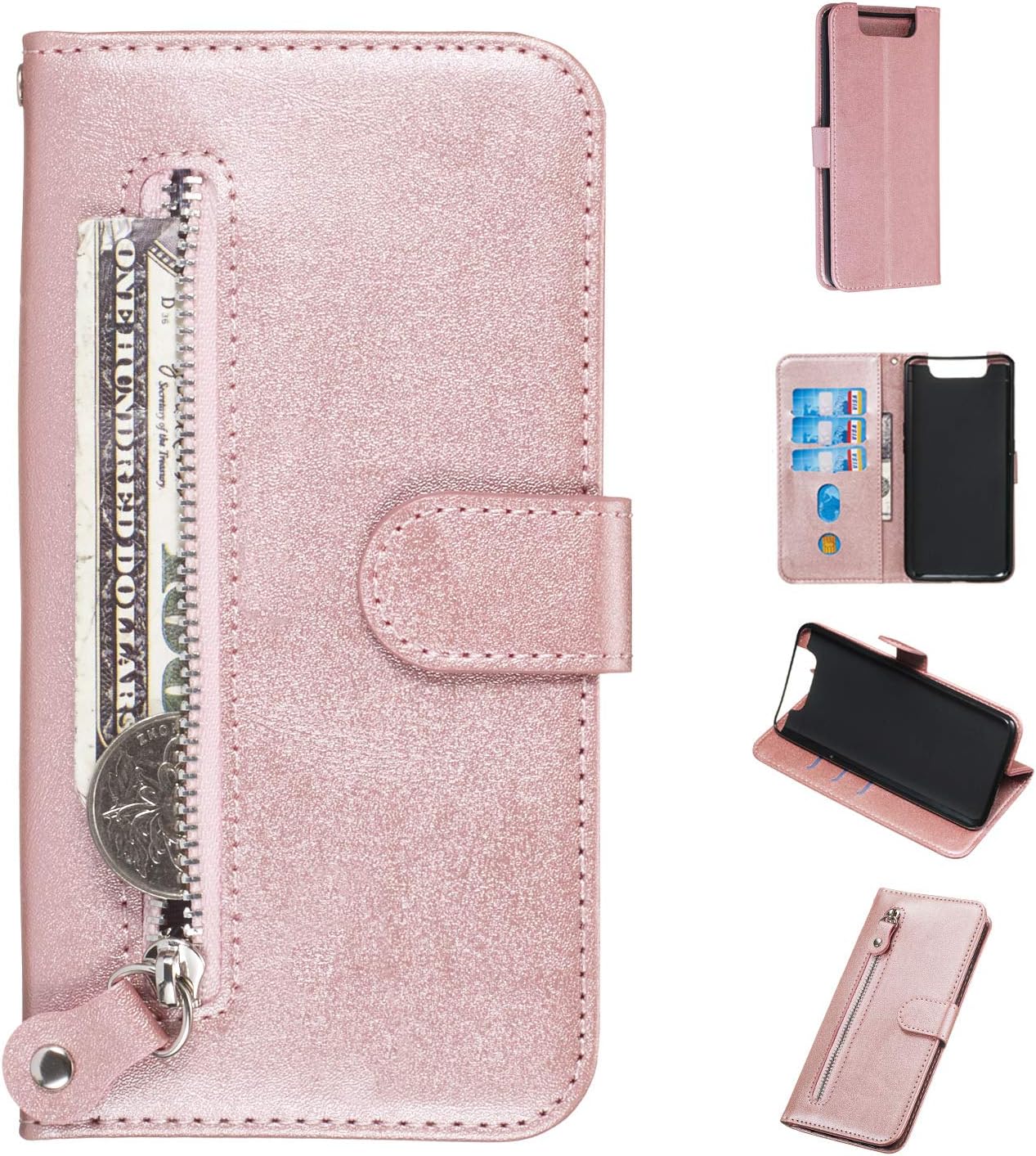 WIWJ Case Compatible for Samsung Galaxy A80 Zipper Wallet Case, Magnetic Closure Shockproof PU Leather Stand Flip Cover with Card Slots and Stand Holder for Samsung Galaxy A80 (Rose Gold)