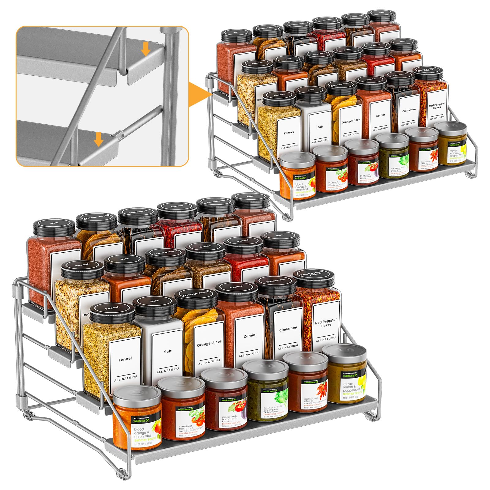 Photo 1 of BOIVSHI 4 Tier Spice Rack Organizer for Cabinet, Spice Rack Organizer, Depth Adjustable Spice Organizer for Cabinet, Countertop, Cupboard, Pantry, Seasoning Shelf, Metal, Gray (2 Pack)