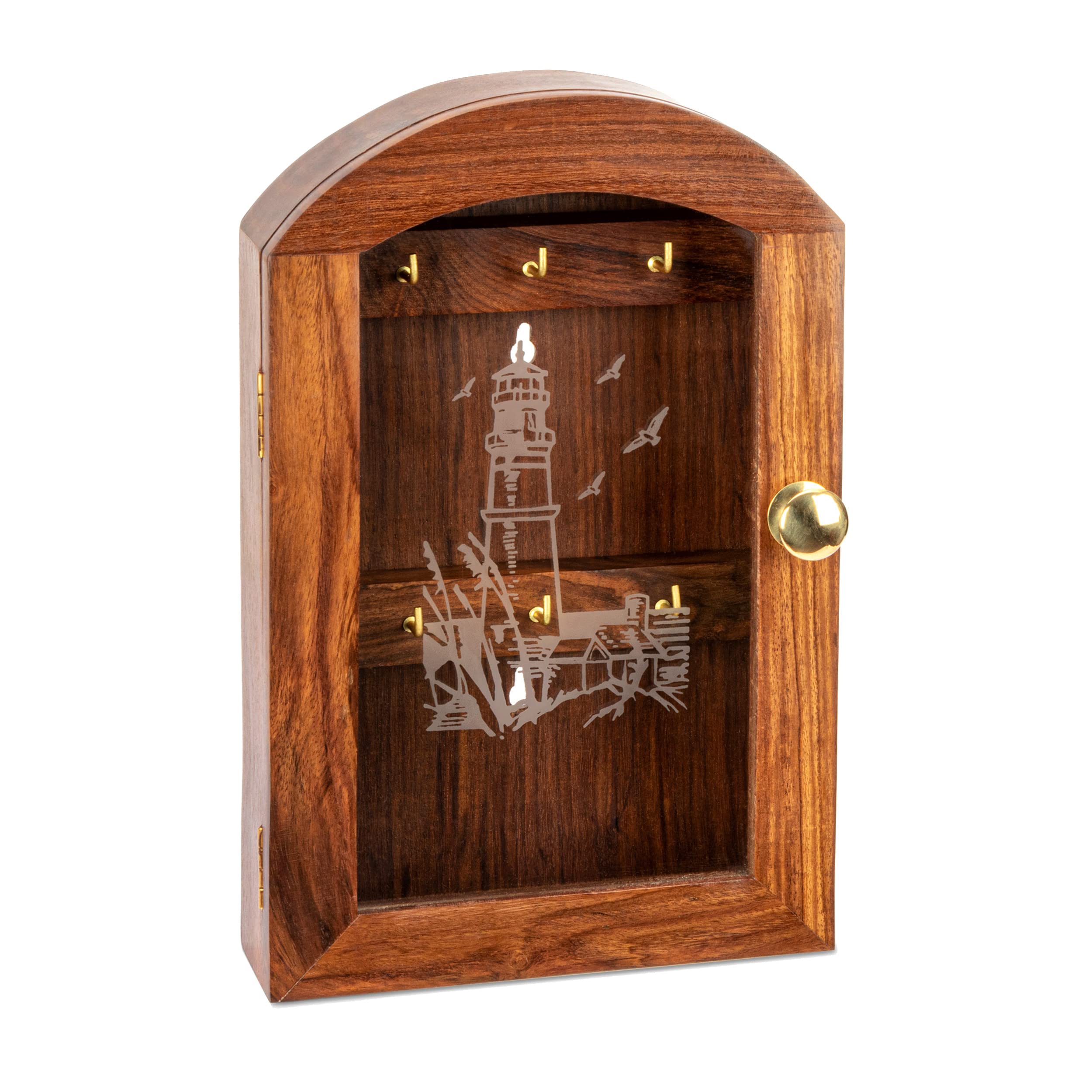 NKlaus Maritime Key Cabinet with Glass Front Lighthouse Motif Natural Wood 25 x 16 x 6 cm 11712
