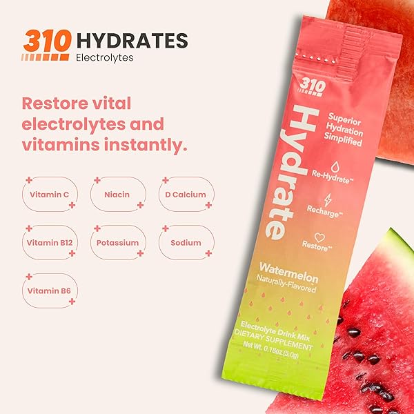 310 NUTRITION SUGAR FREE ELECTROLYTES POWDER – INSTANT HYDRATION PACKETS FOR DAILY FLUID BALANCE – CAFFEINE-FREE REHYDRATION DRINK MIX W/ VITAMINS, LOW CALORIE & KETO FRIENDLY – WATERMELON 30 SINGLES