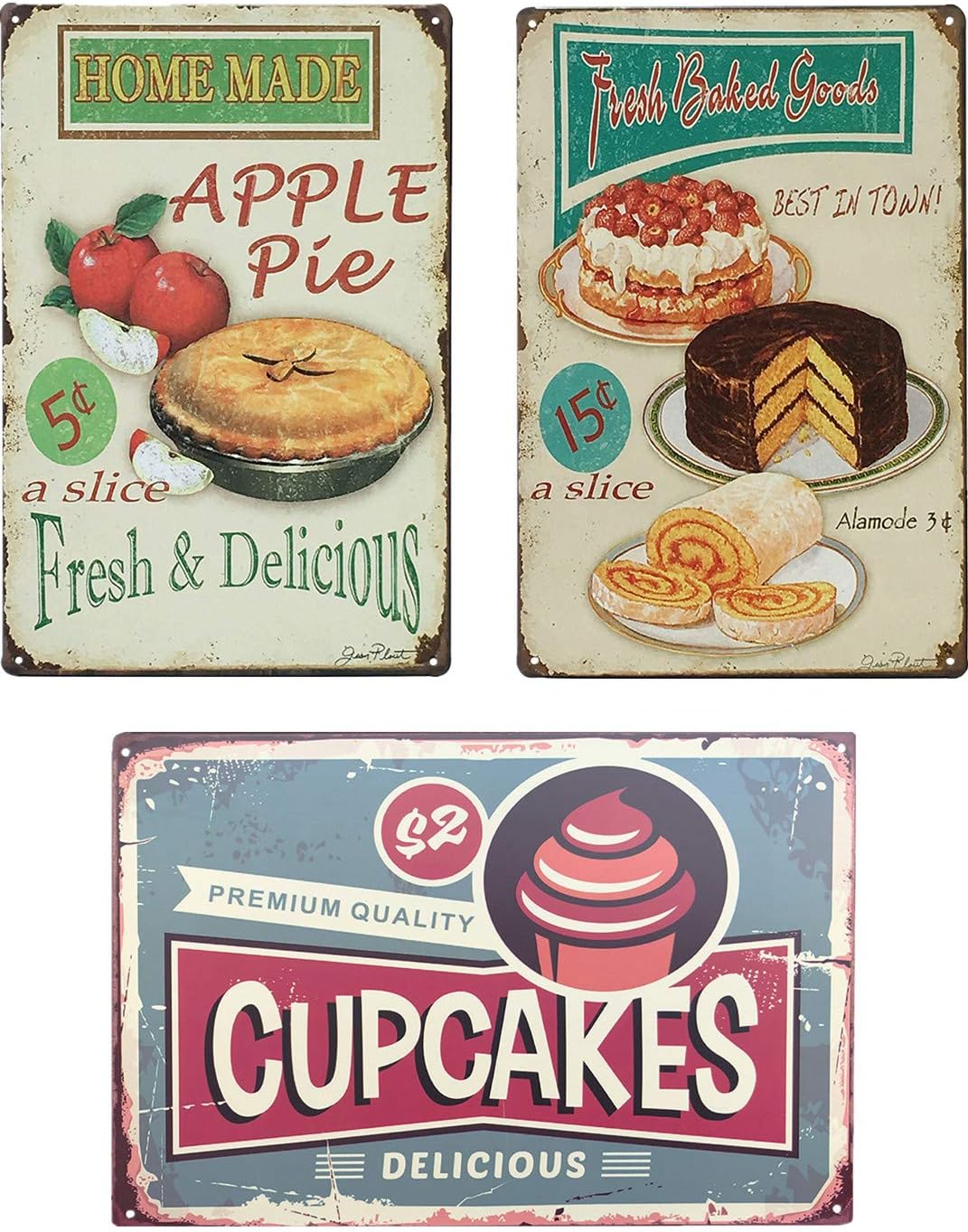UNIQUELOVER Funny Kitchen Signs for Home Decor, Cake, Apple Pie & Cupcakes Vintage Retro Metal Tin Sign Poster 12 x 8 Inches /30 x 20cm