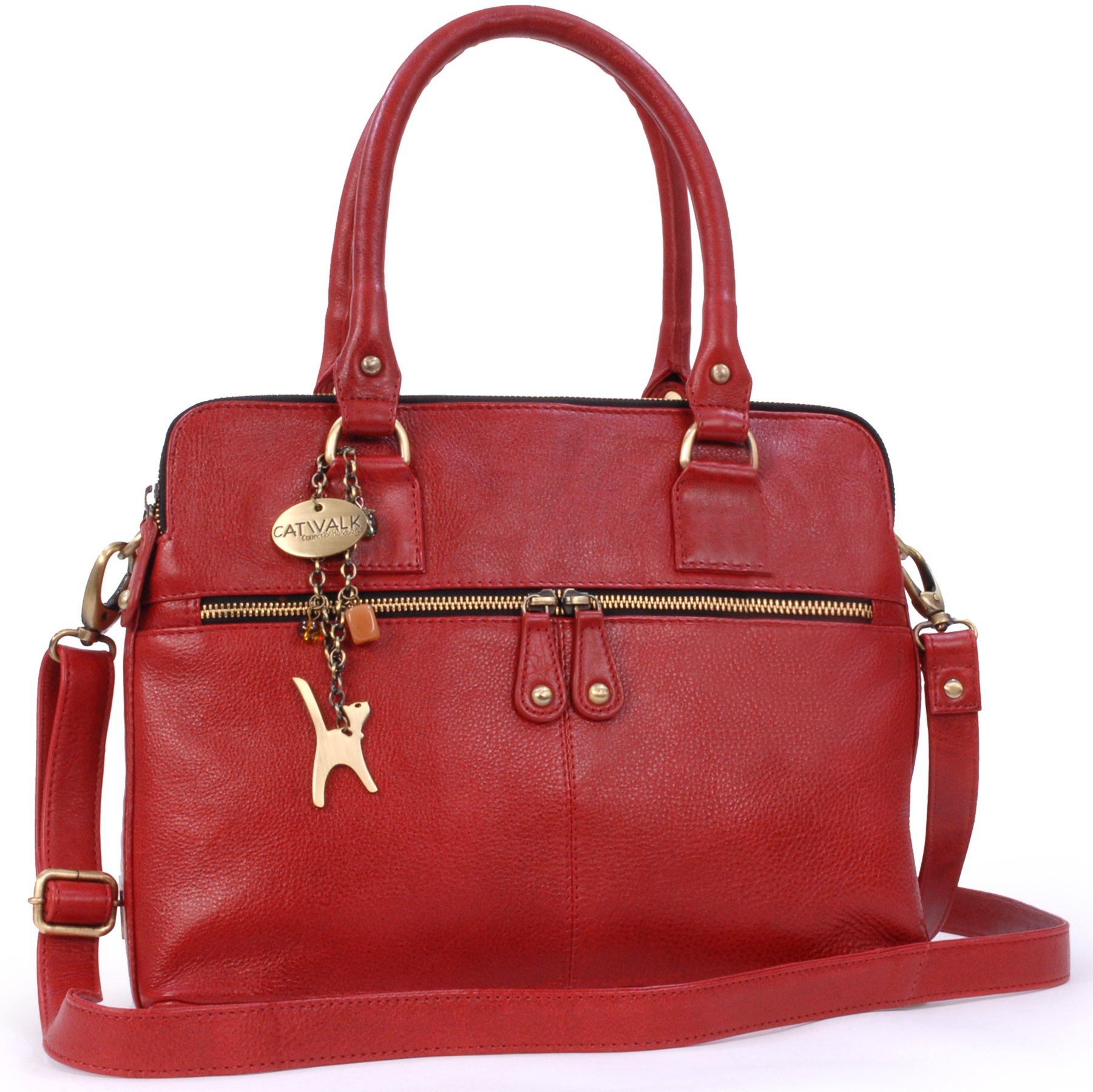 Catwalk Collection Handbags - Women's Large Leather Shoulder Bag - Tote With Multiple Compartments - Additional Crossbody Strap - Victoria - Red