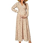 OUGES Fall Maternity Maxi Dress Long Sleeve Wrap V Neck Baby Shower Pregnancy Dresses for Photoshoot Maternity Clothes