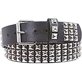 Snap On Three Row Punk Rock Star Metal Silver Studded Full Grain Cowhide Leather Belt