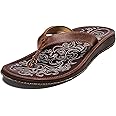 OLUKAI Paniolo Women's Beach Sandals, Distressed Full-Grain Leather Flip-Flop Slides, Wet Grip Soles, Compression Molded Footbed