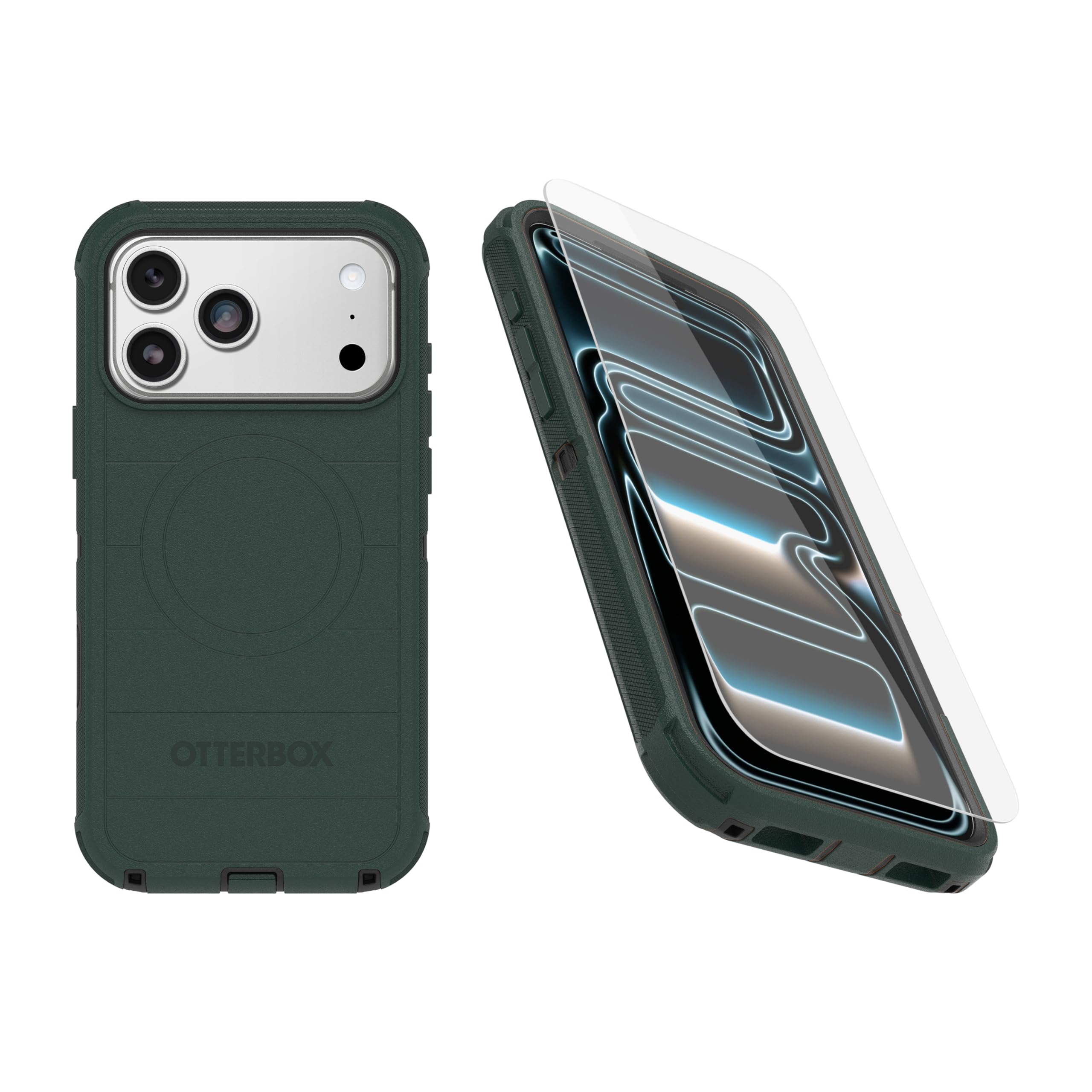 OtterBox iPhone 17 Pro Max (Only) Bundle: Defender Series Case & Screen Protector - Roasted Cashew Mist (Green & Black) - Case Only - Snaps on MagSafe - Tough - Rugged & Durable, Non-Retail Packaging