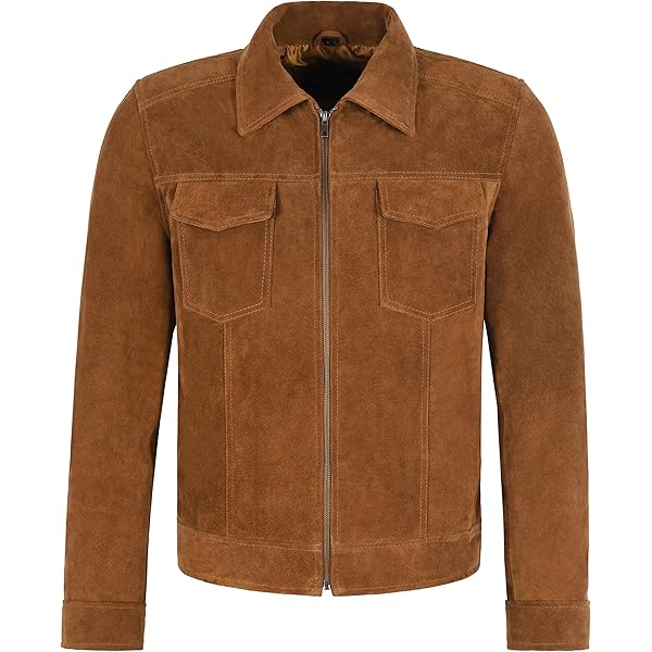 Men's Real Cow Suede Leather Box Button Fashion Coat Tan Classic
