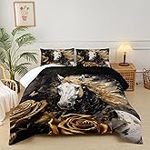 lneffble White Horse Style Comforter Set Queen Size，Gold Rose Floral Bedding Sets Queen，Butterfly Quilt Pattern，Western Bedroom Decor