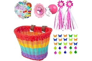 Suerico Girls' Bike Basket - Rainbow Woven, Horn, Streamers & Stickers, Wheel Decoration Set