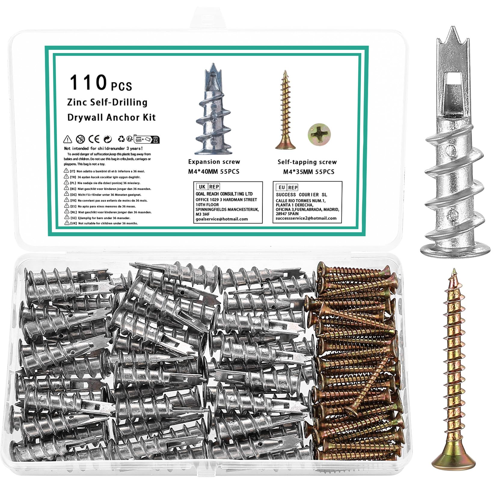 110 Pcs M4 Self Drilling Plasterboard Fixings, Heavy Duty Metal Plaster Board Wall Plugs and Screws, Drywall Hollow Cavity Wall Fixings Anchors Raw Plugs (M4X40mm)