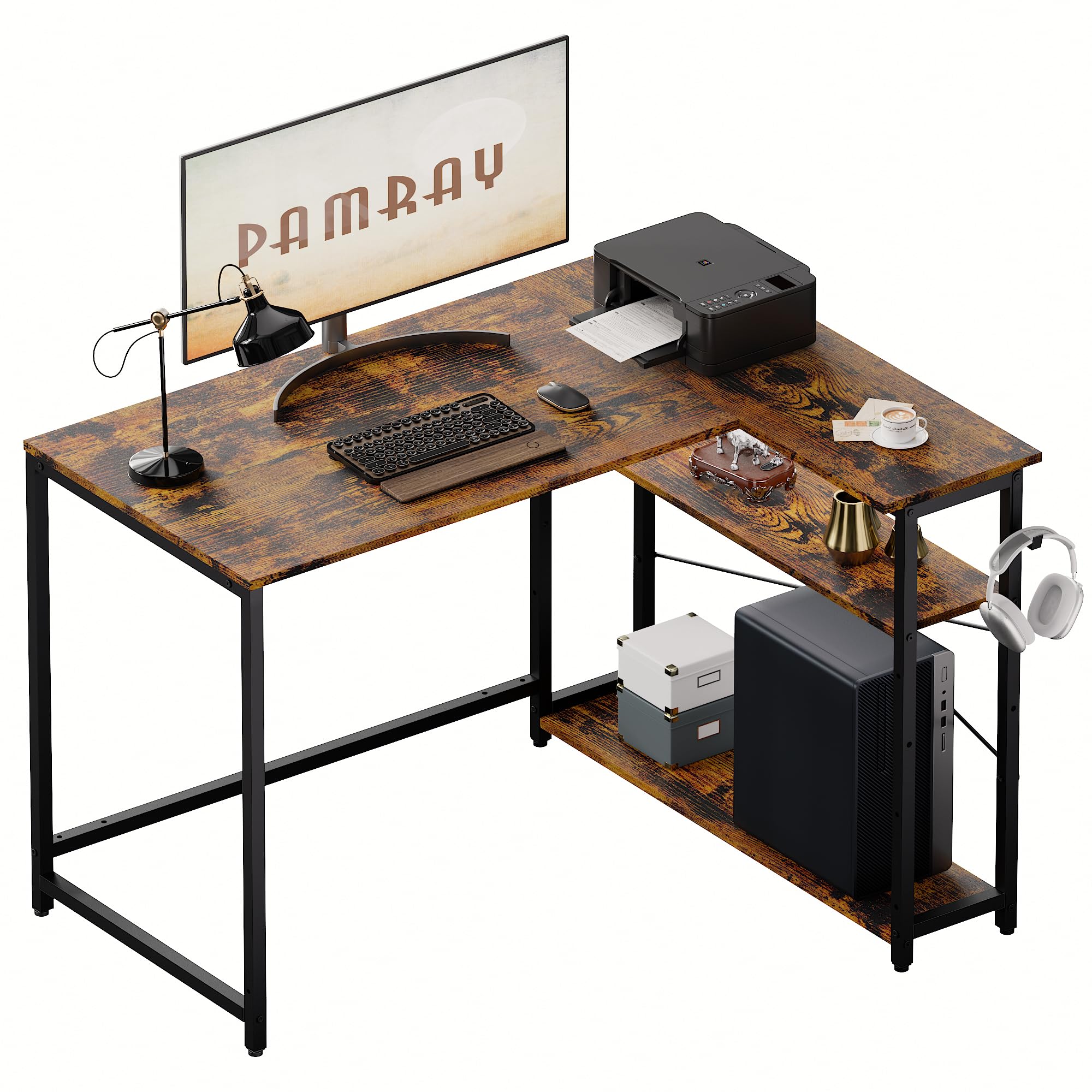Pamray 43 Inch L Shaped Computer Desk with Reversible Side Storage Shelves, Small Corner Desk for Small Space Home Office,Writing Study Table PC Desk for Bedroom,Vintage Image
