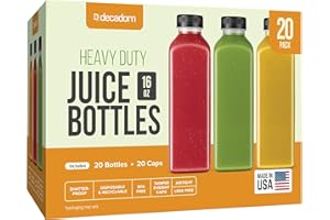 DECADORN 16 oz Juice Bottles With Caps - 20 Pack Plastic Bottles For Juicing, MADE IN USA Juicing Bottles Reusable - Juicer Bottles With Lids - Juice Containers With Lids - 16oz Plastic Bottles With Caps