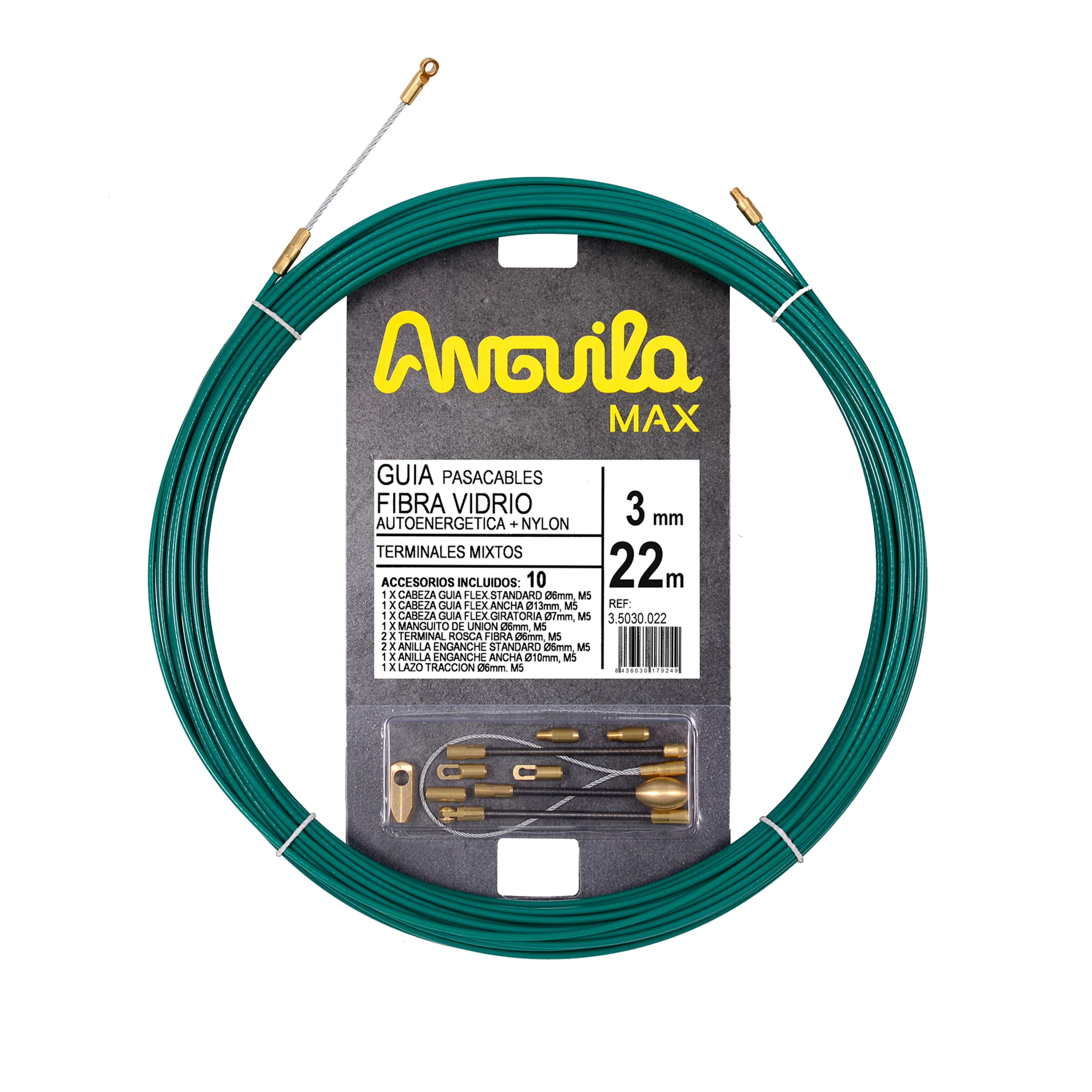 Anguila Max | Cable Guide | Reinforced Fiberglass | Nylon | Mixed Terminals | Green | Diameter 3 mm | 22 m