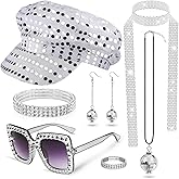 Gegvdfe Disco Accessories Set for Women 1970s Outfits Sequin Hat Disco Ball Earrings Sequin Scarf for Party Supplies