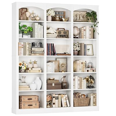 FACBOTALL 71" Triple Wide Bookshelf, 6 Tier Bookcase, Large White Bookshelf with Curved Baffle, 63.4" Wide White Bookcase with 18 Open Display Shelves for Living Room, Study, White