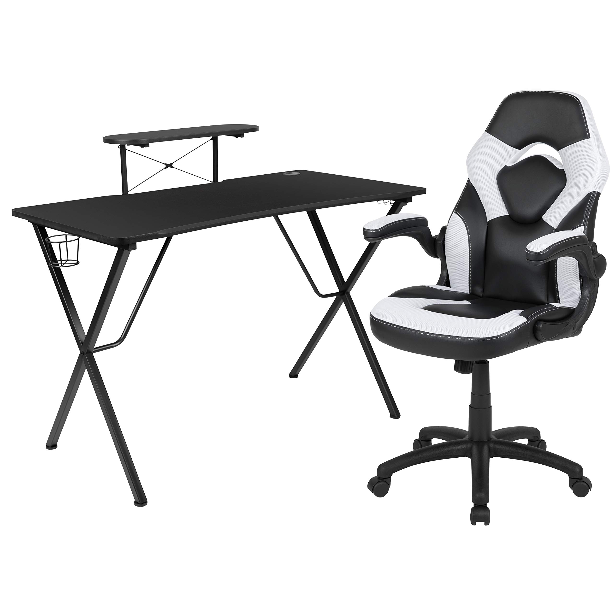 Flash Furniture Juego de escritorio para juegos negro y silla de carreras blanca/negra con portavasos, gancho para auriculares y soporte para monitor/teléfono inteligente