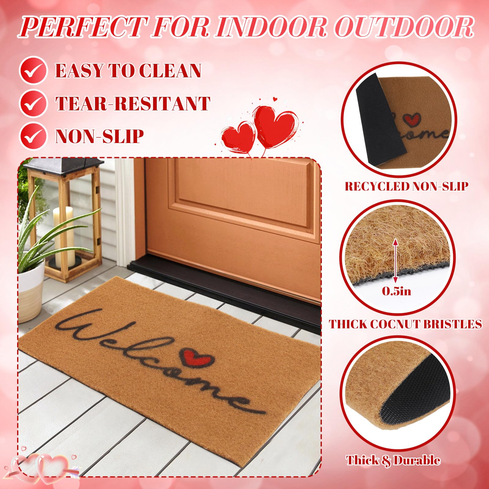 Maasechs 2 Pcs Heart Welcome Doormat Set 24'' x 35'' Red White Stripes Outdoor Rug and 24'' x 16'' Heart Coir Doormat Non Slip Floor Mat for Outside Entrance Front Porch(Heart) - Image 5