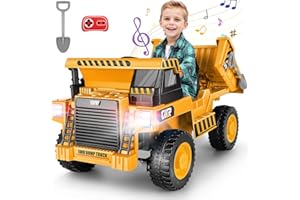 Hikole Ride on Dump Truck for Kids, Electric Cars with Remote Control, Dump Bed, Shovel, Bluetooth, Music Player, Ride on Construction Vehicles for Kids 4-8, Yellow