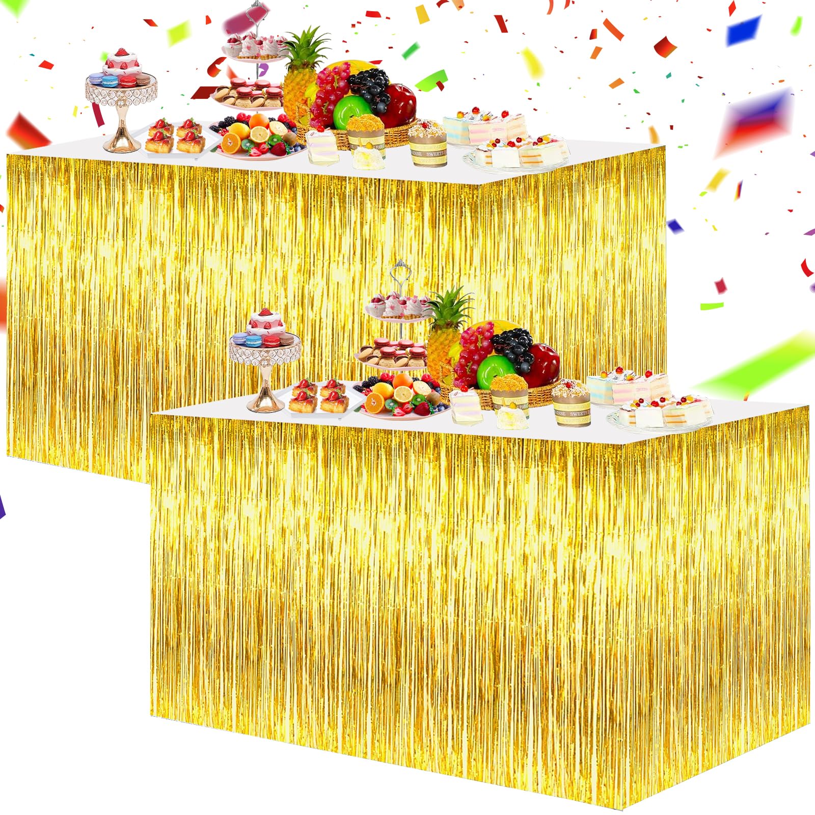 Photo 1 of BEISHIDA 2 Pack Gold Metallic Tinsel Foil Fringe Table Skirts - Decors for Rectangle & Round Tables - Birthday & Holiday Party