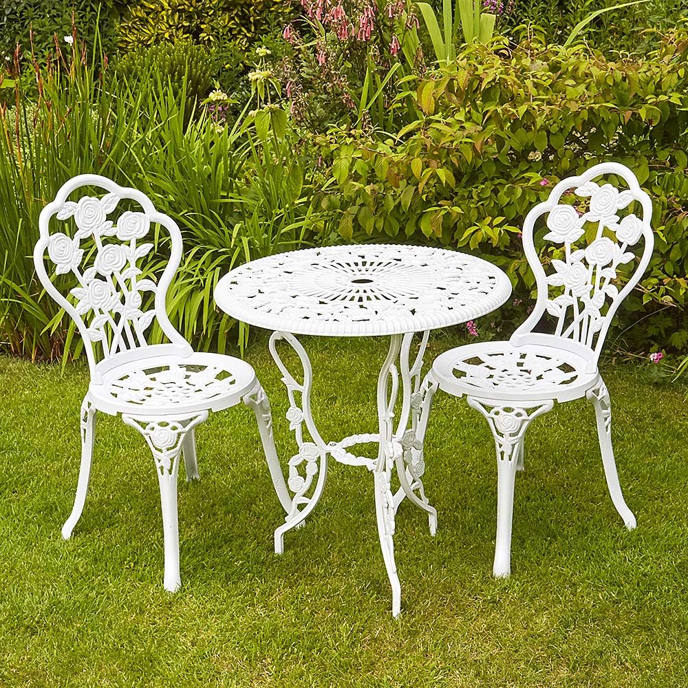 Home Source Rose Garden Patio Outdoor Bistro Set Table and 2 Chairs Metal Garden Furniture, White, Table 2 Chairs