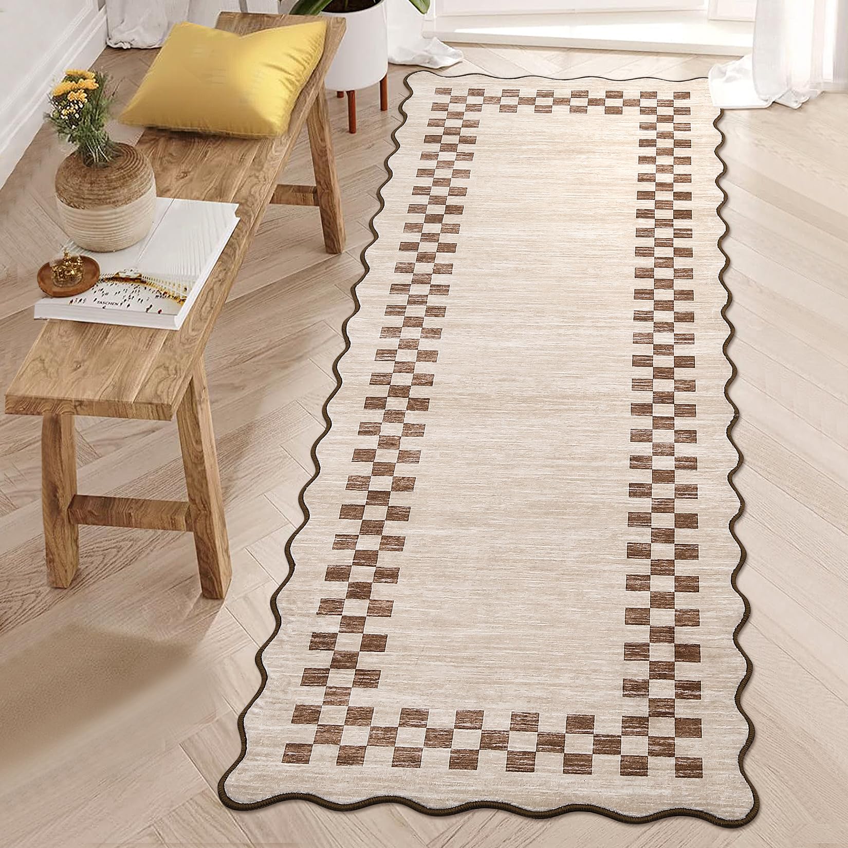 Photo 1 of GarveeHome Hallway Runner Rug 2x6 Non Slip Scalloped Washable Rug for Kitchen Entry Stain Resistant Modern Border Throw Floor Carpet Long Runner Mat for Bathroom Living Room Bedside, Beige
