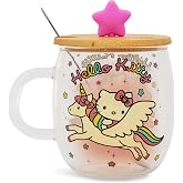 Silver Buffalo Sanrio Hello Kitty Unicorn Glass Mug With Star-Topper Lid and Spoon | Large Coffee Cup For Tea, Espresso, Cocoa | Holds 17 Ounces
