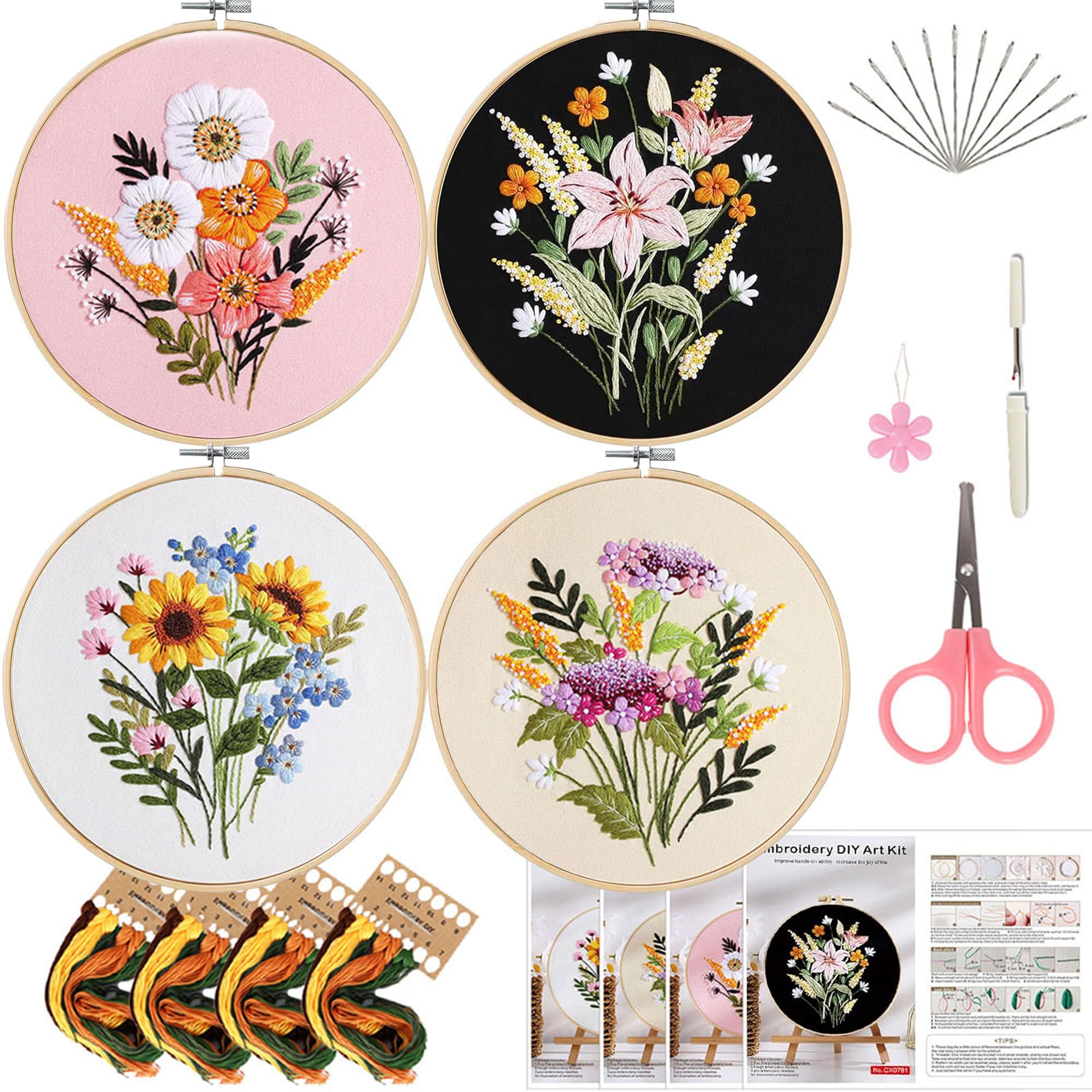 COWISH Embroidery Kit for Adults and Beginners, 4 Floral Pattern Embroidery Sets with Embroidery Hoop, Embroidery Fabric Floss with Threads & Tools