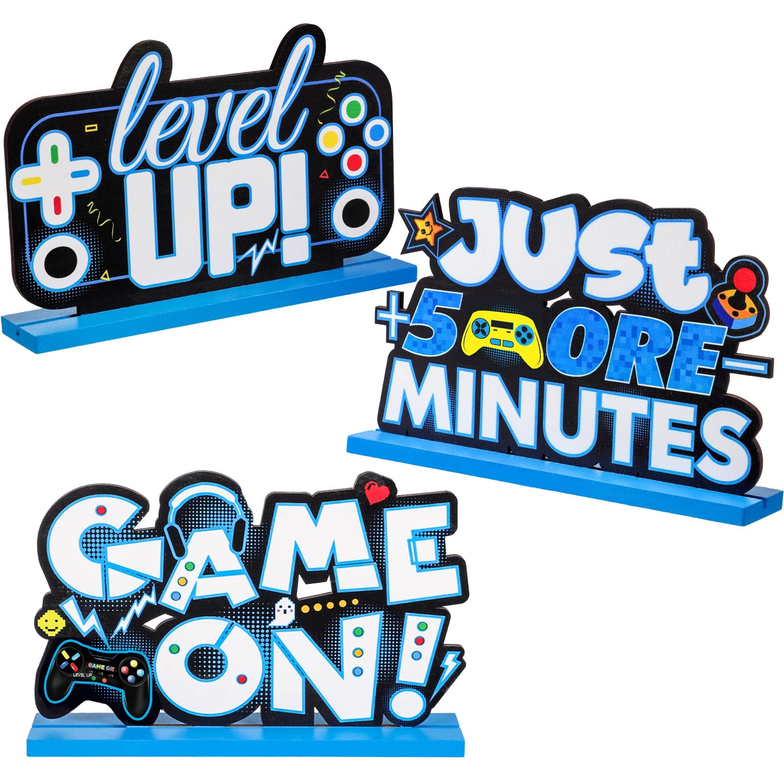 Photo 1 of Frienda 3 Pcs Video Games Party Decorations Wood Table Level up Birthday Decorations Gamer Party Centerpieces Pixelated Table Sign for Boys Kids Birthday Party(Blue)