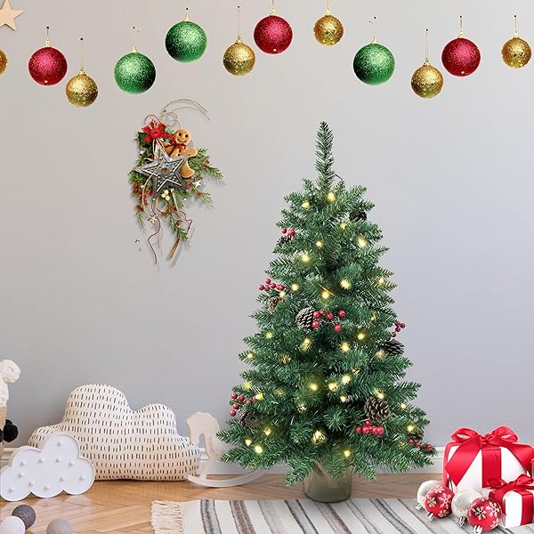 3FT PRE-LIT MINI CHRISTMAS TREE,ARTIFICIAL PINE 121 PVC BRANCHES TIPS WITH 11 RED BERRIES & 11 PINECONE & 70 LED STRING LIGHTS & BURLAP WRAPPED BASE DECOR XMAS TREE FOR TABLETOP,BATTERY OPERATED